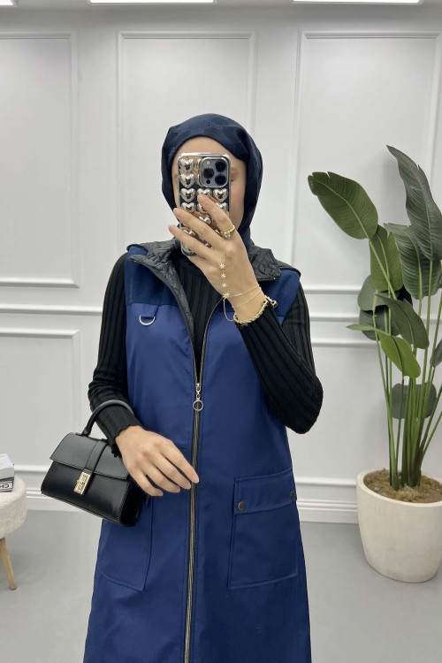 Long Hooded Vest Navy Blue