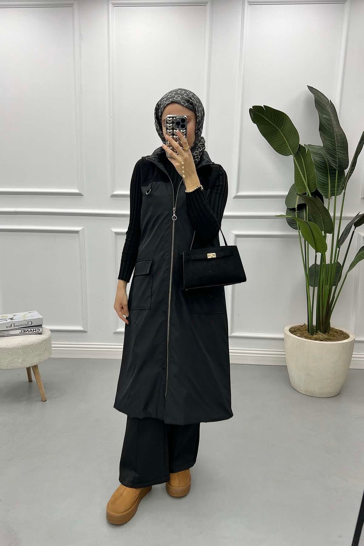 Hooded Long Vest Black