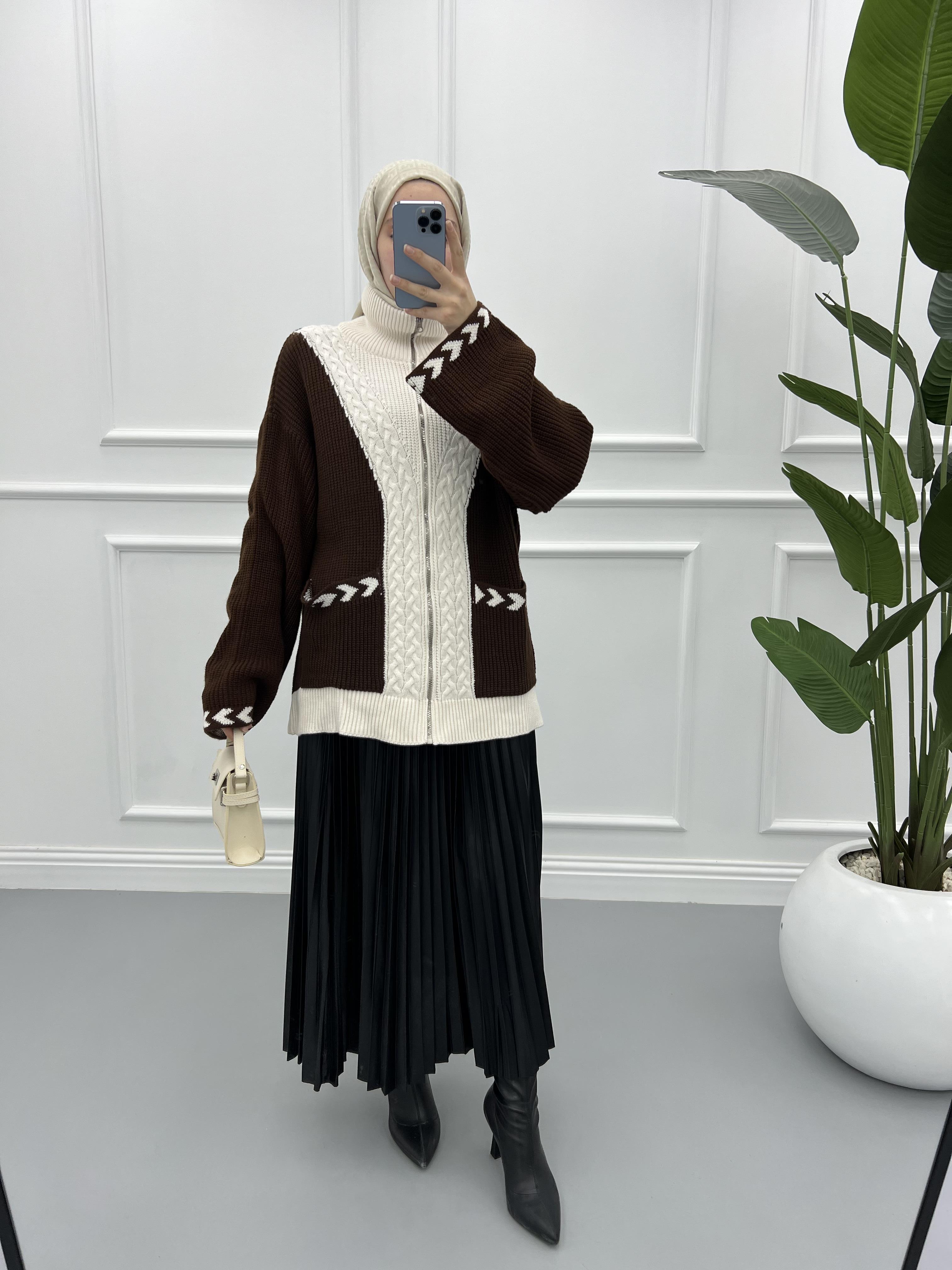 Mixed Knitted Sweater Cardigan Brown