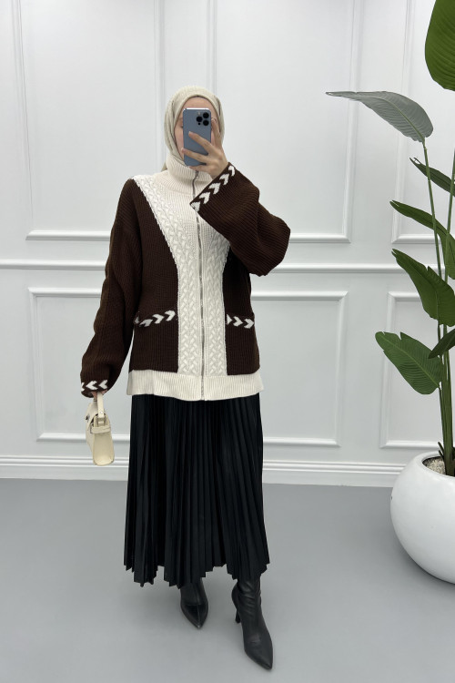 Mixed Knitted Sweater Cardigan Brown