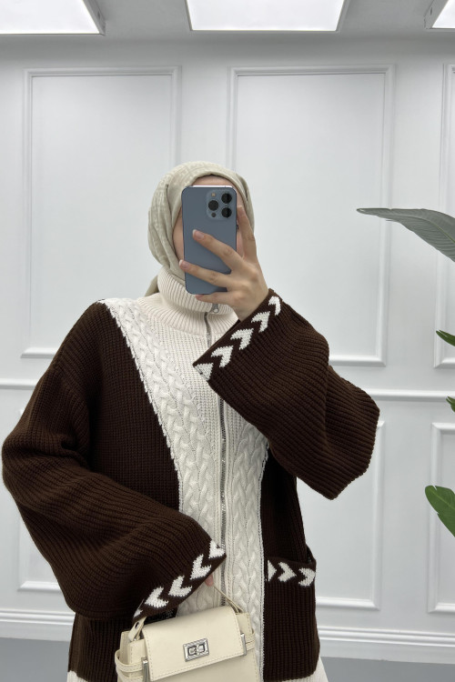 Mixed Knitted Sweater Cardigan Brown