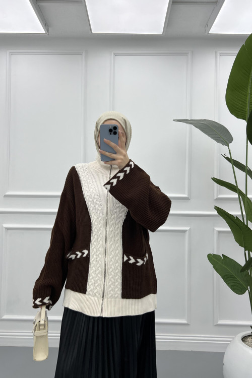 Mixed Knitted Sweater Cardigan Brown