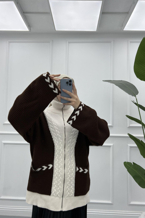 Mixed Knitted Sweater Cardigan Brown