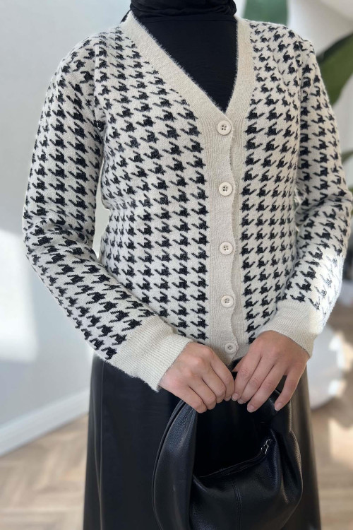 Houndstooth Patterned Knitwear Cardigan Beige