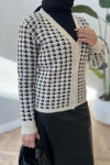 Houndstooth Patterned Knitwear Cardigan Beige