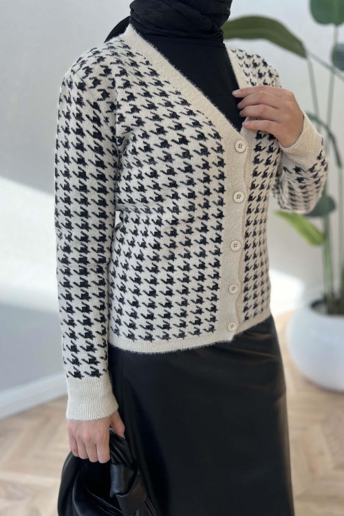 Houndstooth Patterned Knitwear Cardigan Beige