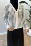 Houndstooth Patterned Knitwear Cardigan White