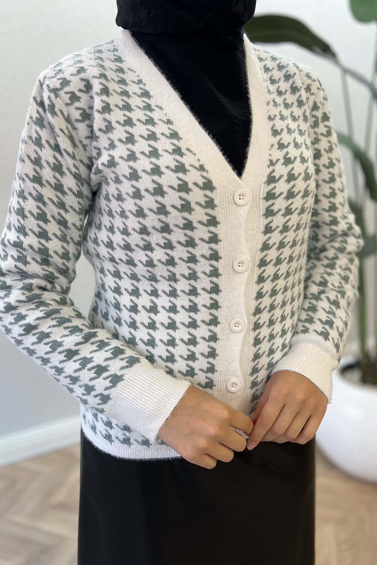 Houndstooth Patterned Knitwear Cardigan White