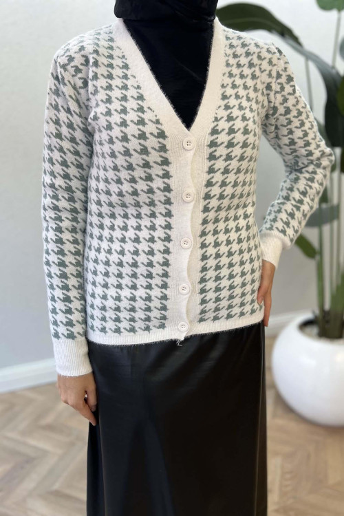 Houndstooth Patterned Knitwear Cardigan White