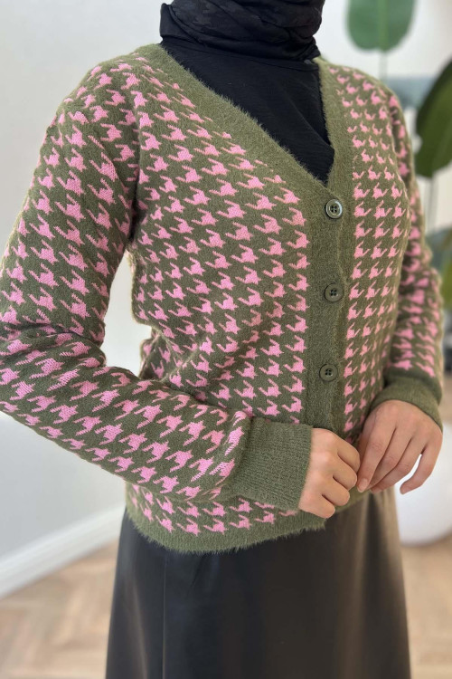 Houndstooth Patterned Knitwear Cardigan Khaki