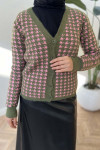 Houndstooth Patterned Knitwear Cardigan Khaki