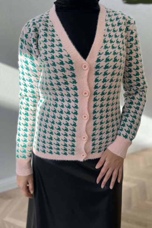 Houndstooth Patterned Knitwear Cardigan Powder