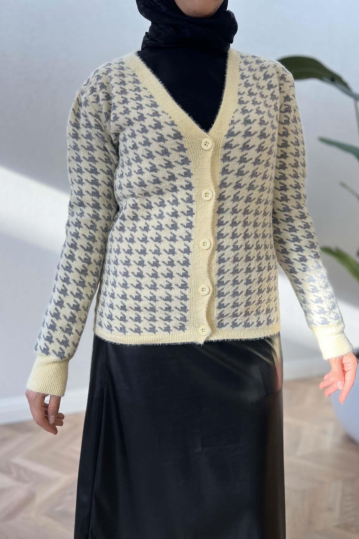 Houndstooth Patterned Knitwear Cardigan Yellow