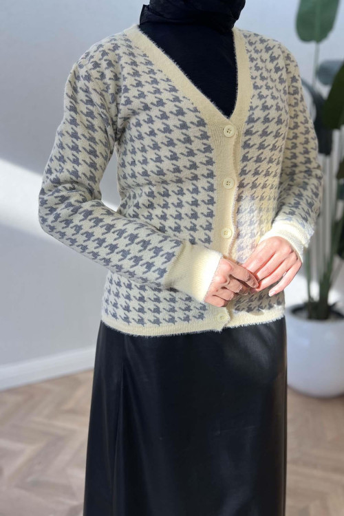 Houndstooth Patterned Knitwear Cardigan Yellow