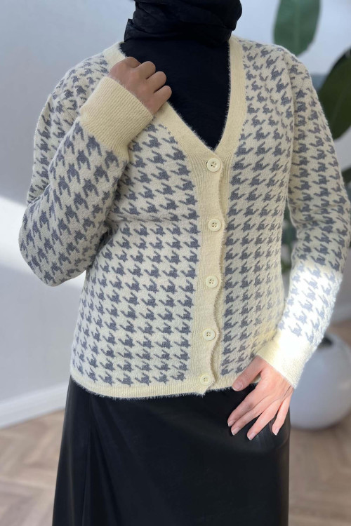 Houndstooth Patterned Knitwear Cardigan Yellow