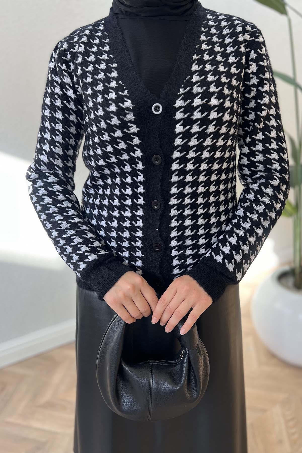 Houndstooth Patterned Knitwear Cardigan Black