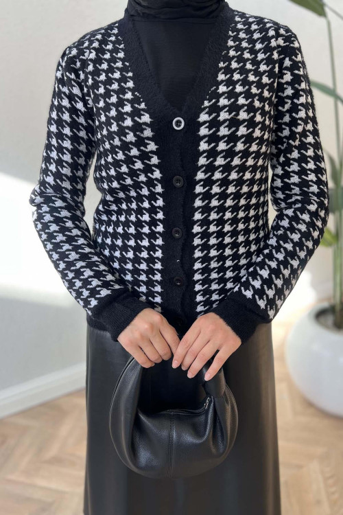 Houndstooth Patterned Knitwear Cardigan Black