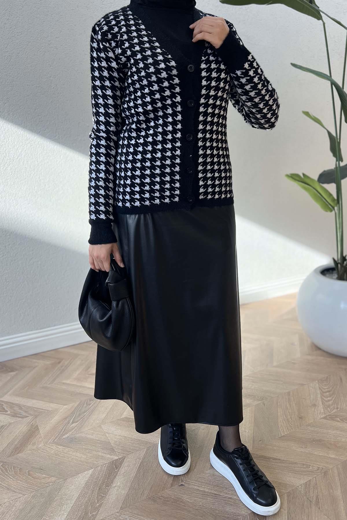 Houndstooth Patterned Knitwear Cardigan Black