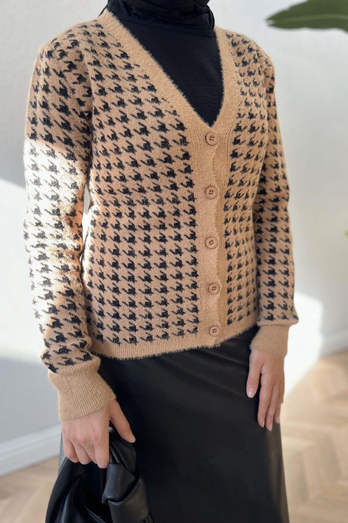 Houndstooth Patterned Knitwear Cardigan Milky Coffee