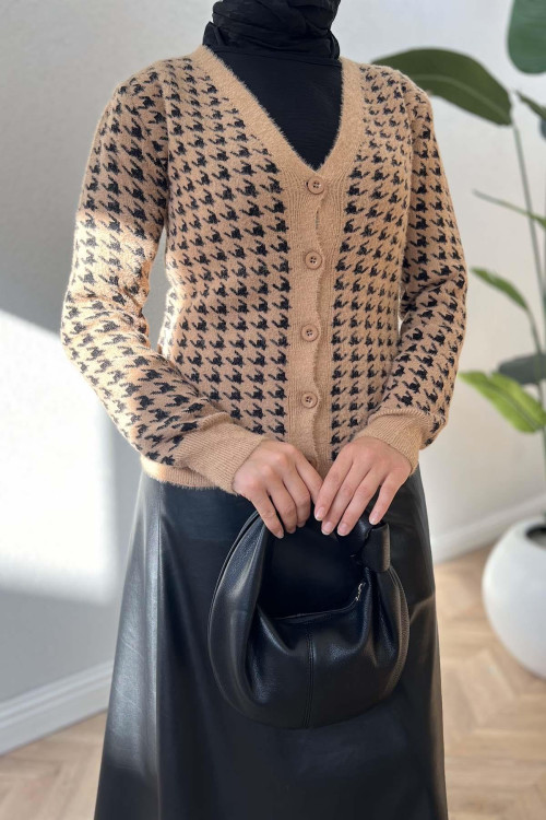 Houndstooth Patterned Knitwear Cardigan Milky Coffee