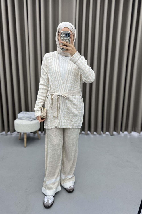 Houndstooth Patterned Knitwear Set Beige