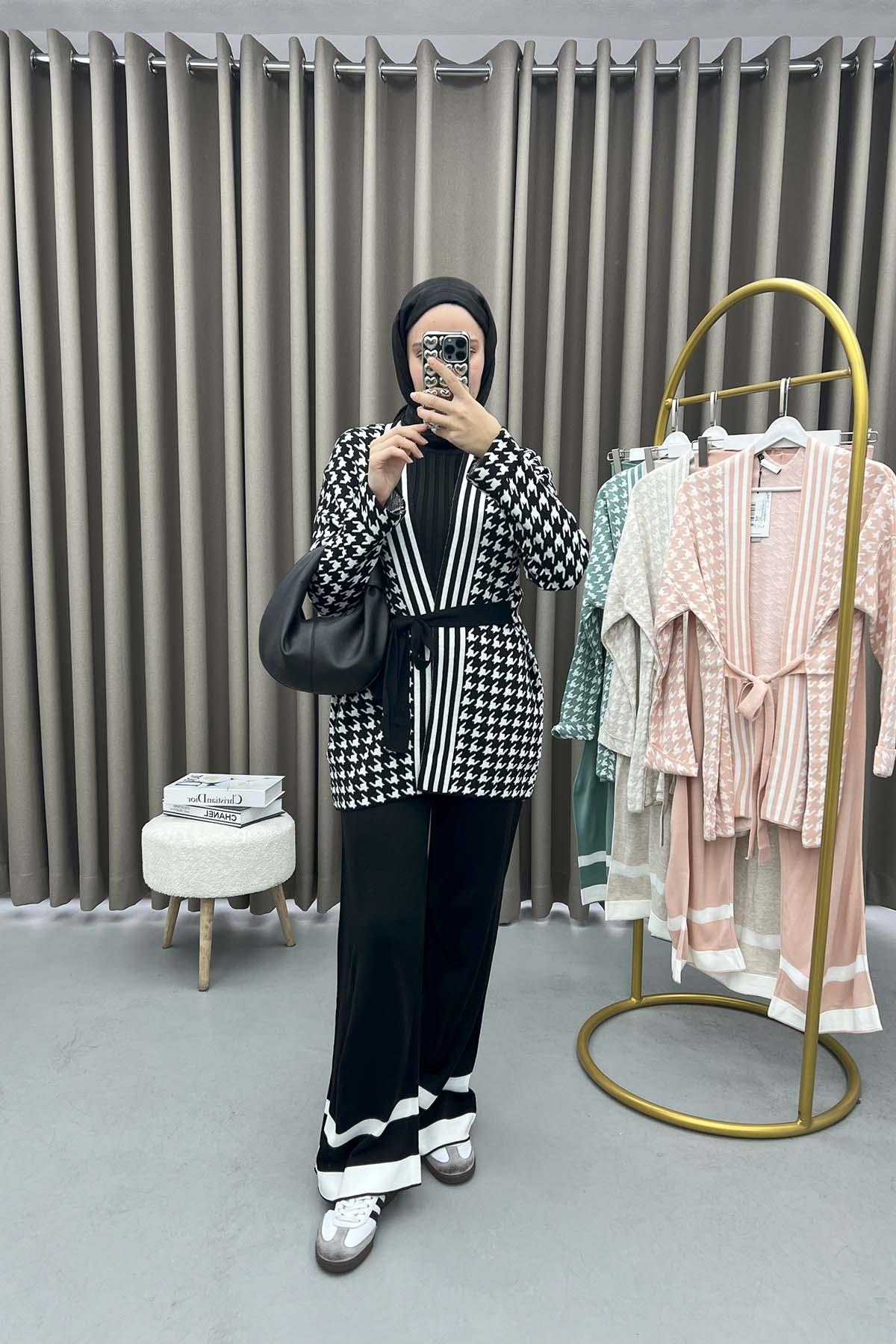 Houndstooth Patterned Knitwear Set Black