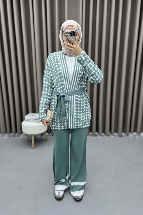 Houndstooth Patterned Knitwear Set Water Green