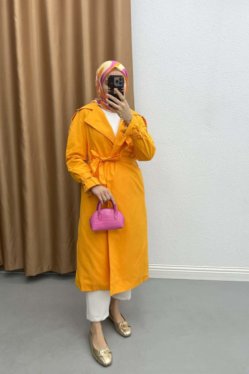 Belt Detailed Trench Coat Orange