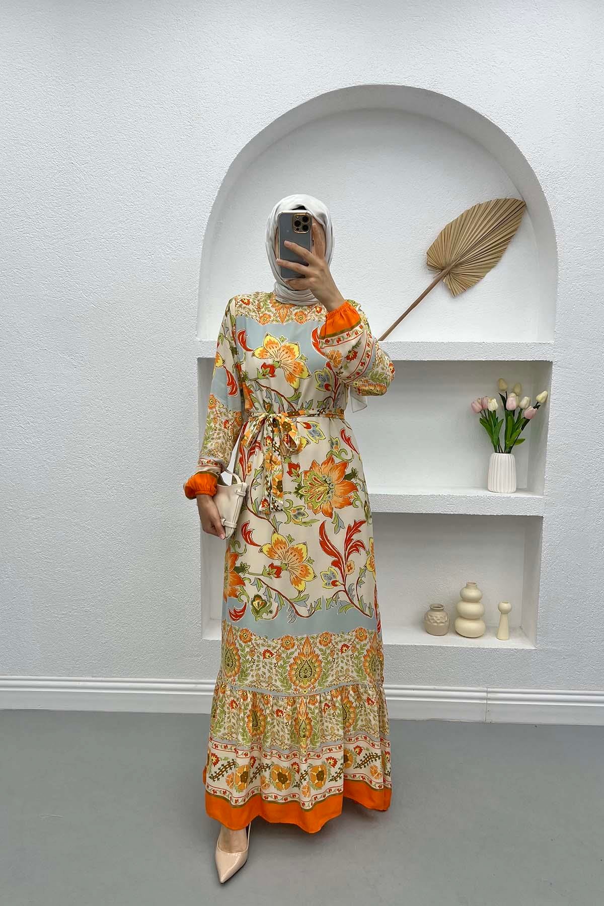 Belted Floral Dress Orange