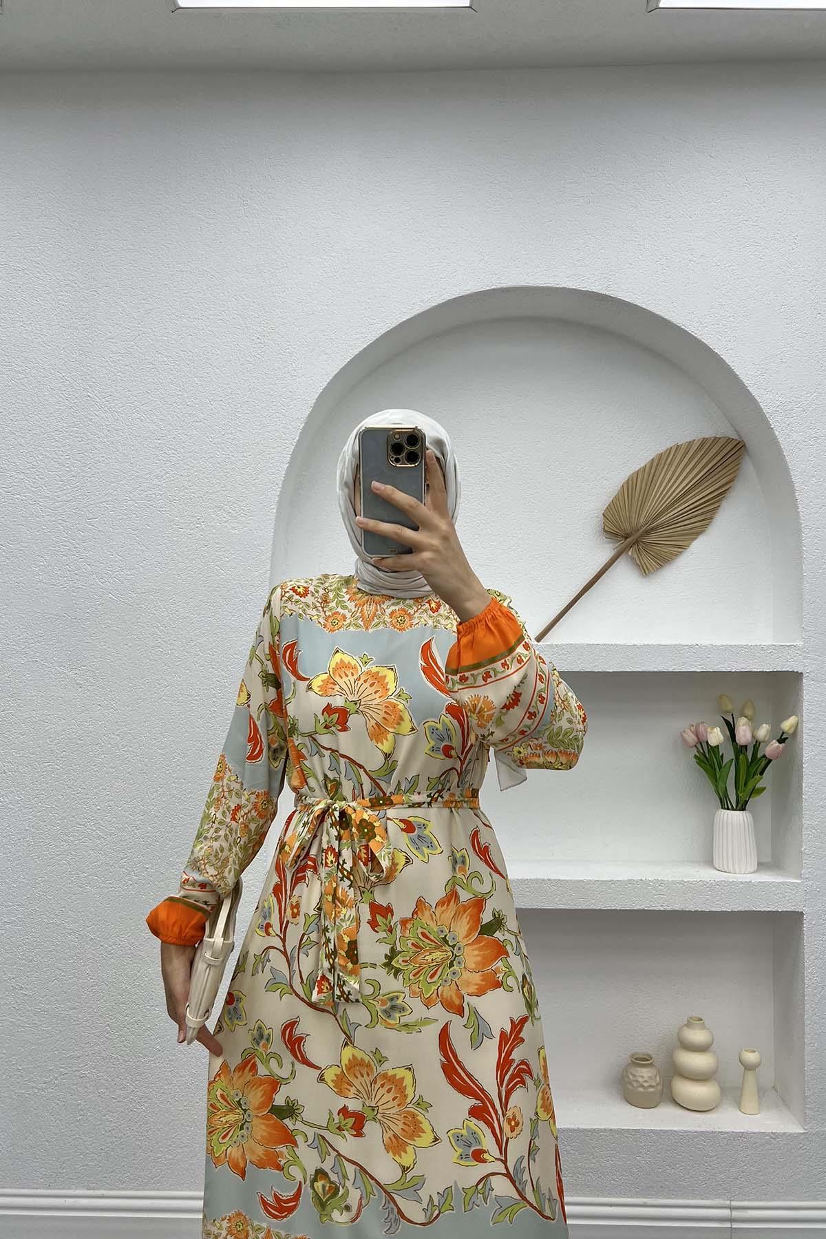 Belted Floral Dress Orange