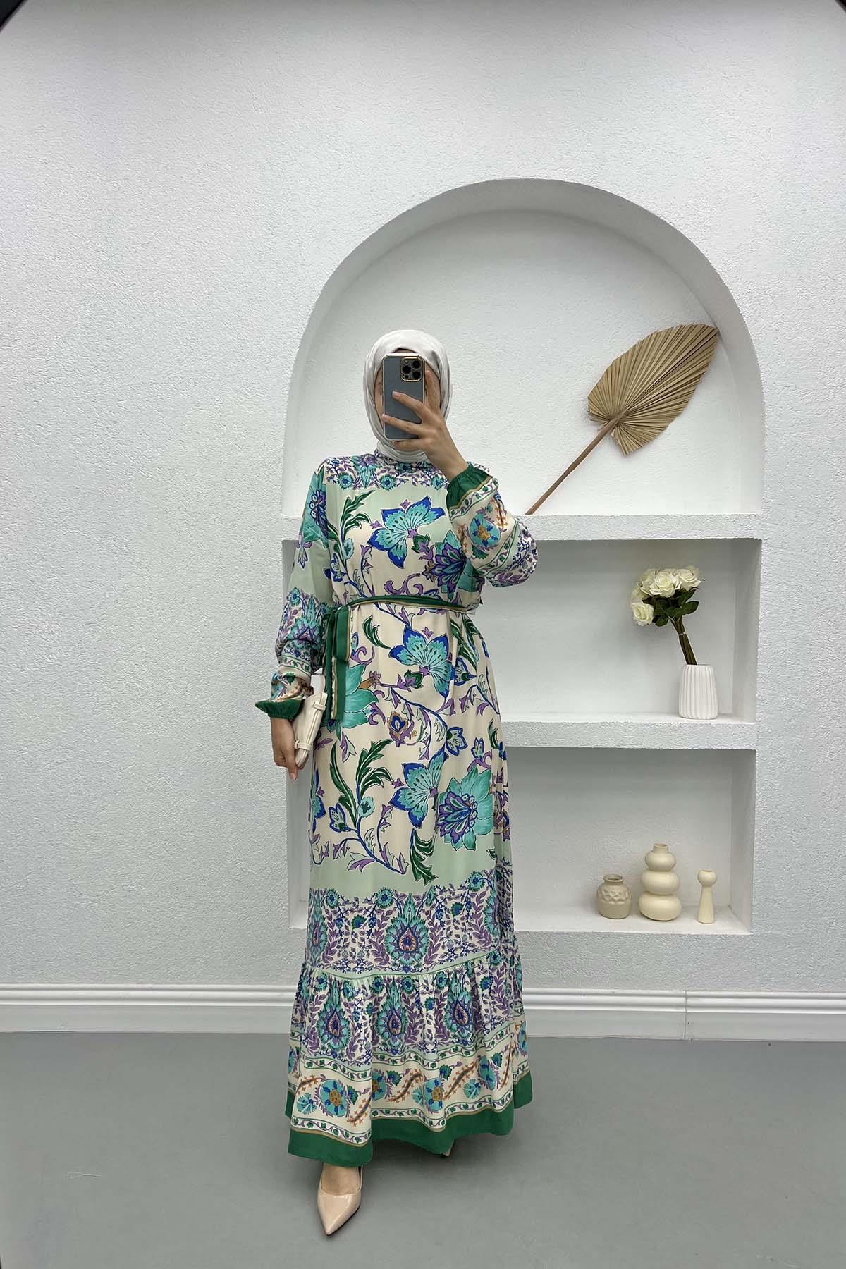 Belted Floral Dress Green