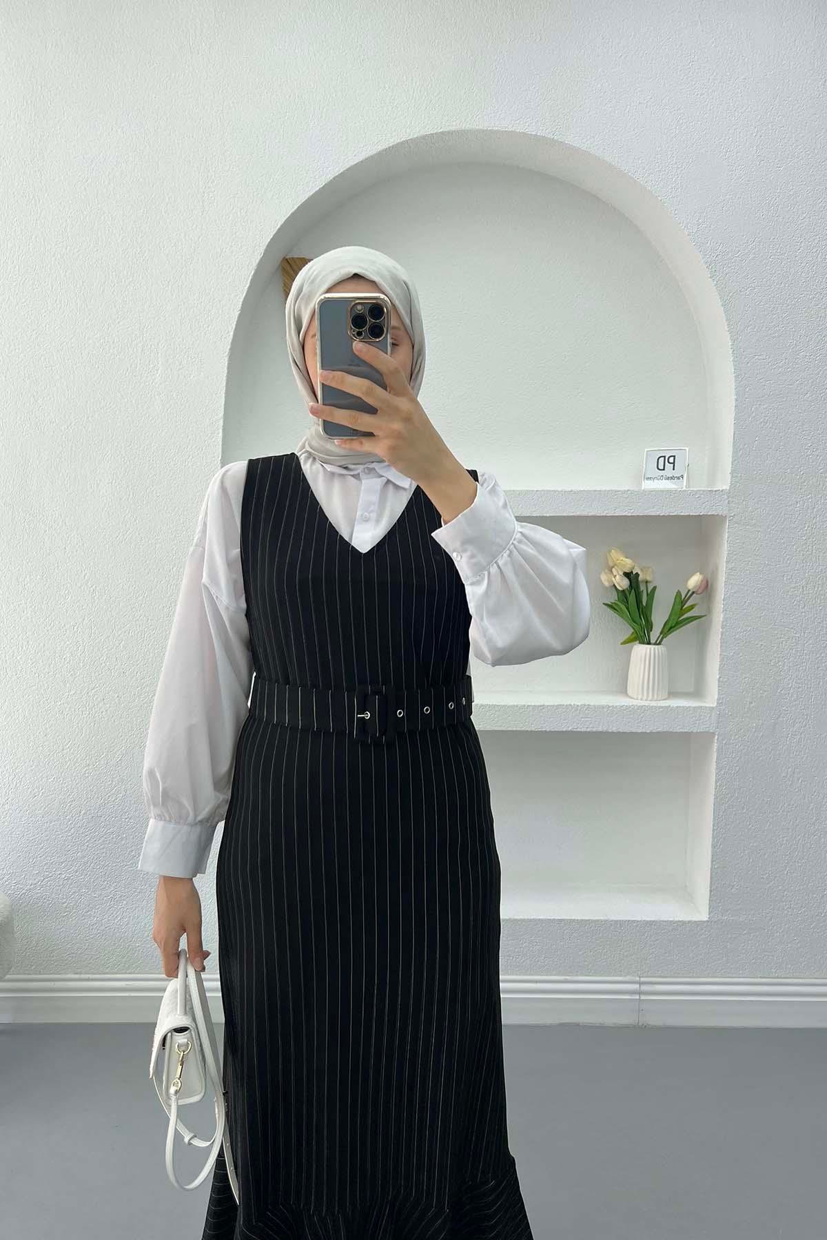 Belted Striped Vest Black