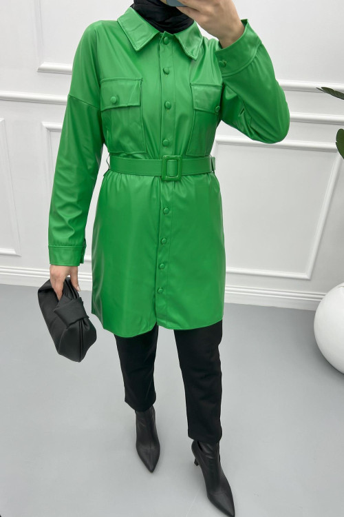 Belted Leather Jacket Green