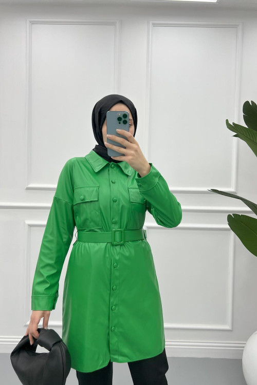 Belted Leather Jacket Green