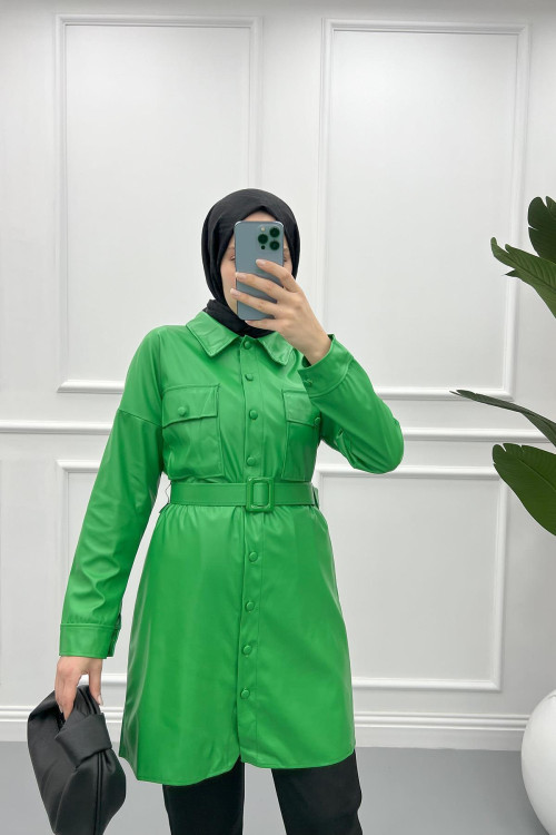 Belted Leather Jacket Green