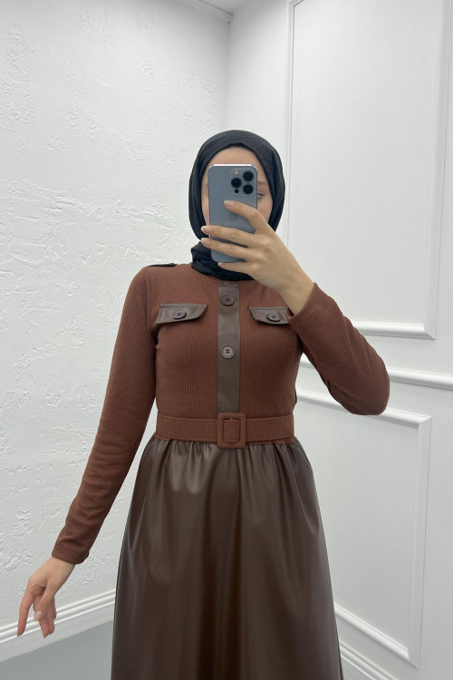 Belted Leather Dress Brown