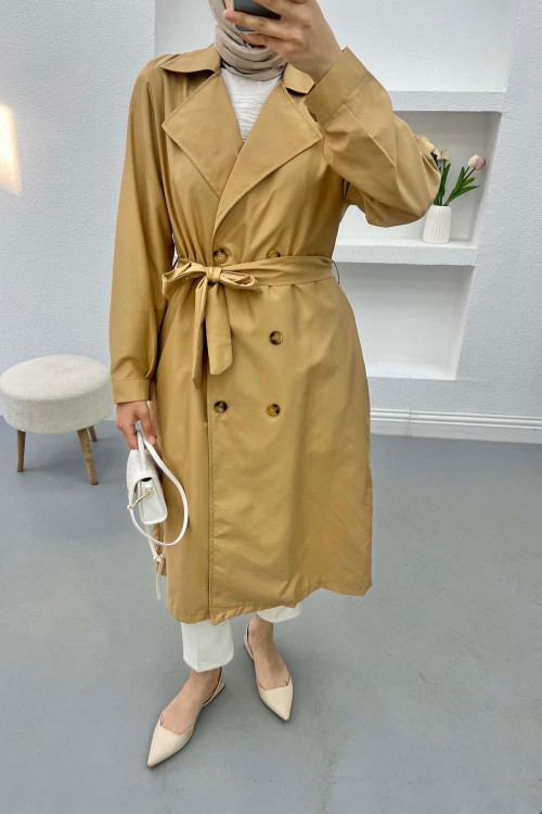 Belted Buttoned Trench Coat Camel