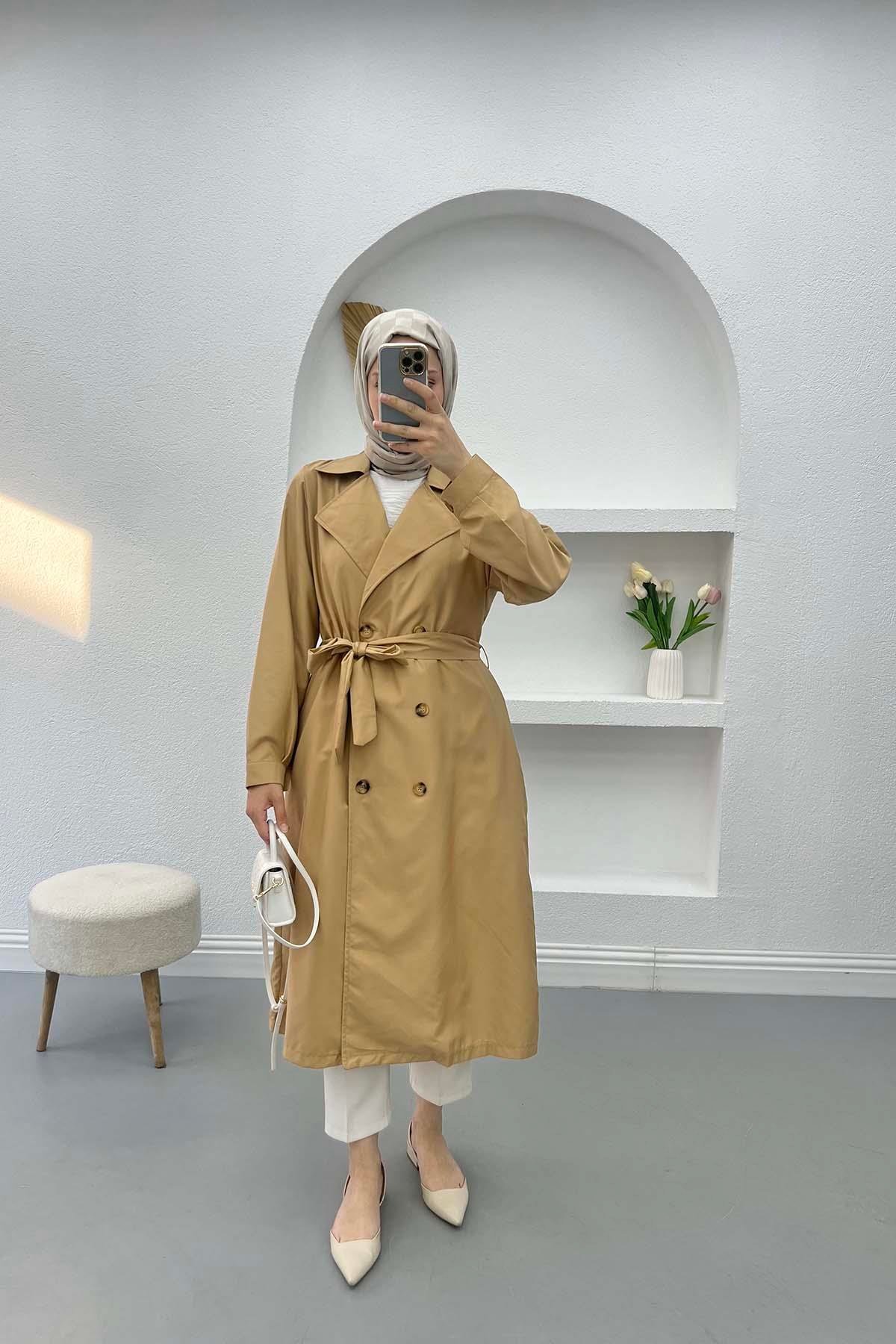 Belted Buttoned Trench Coat Camel