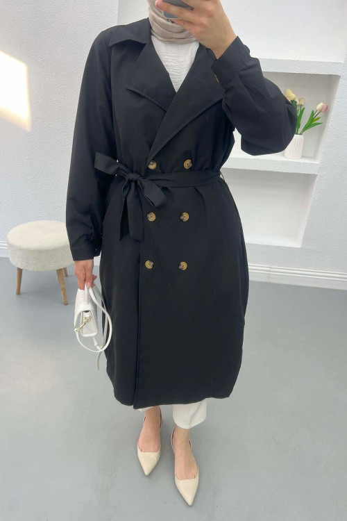 Belted Buttoned Trench Coat Black