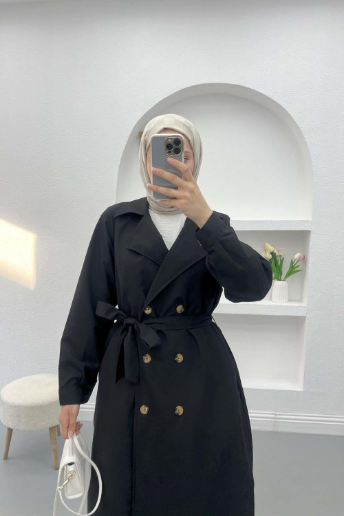 Belted Buttoned Trench Coat Black