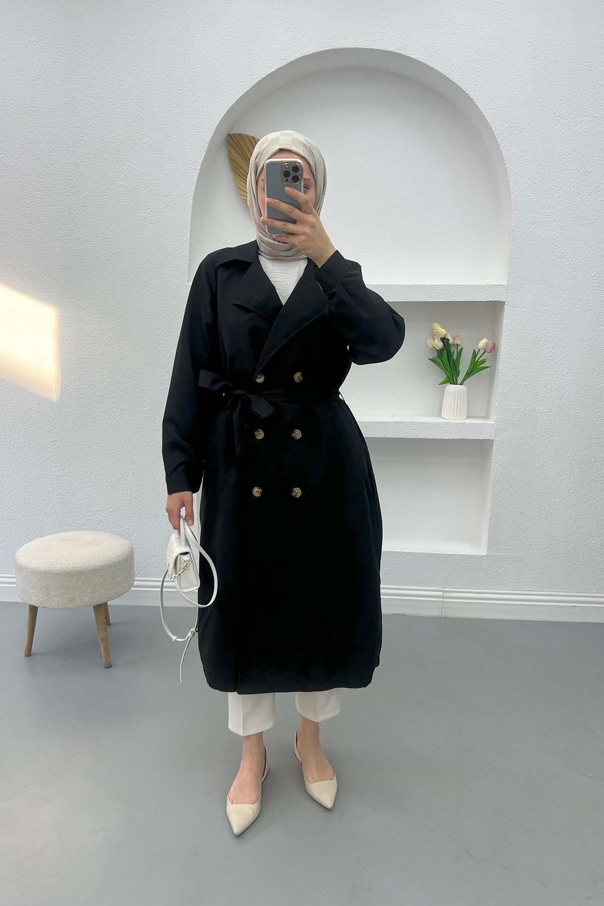 Belted Buttoned Trench Coat Black