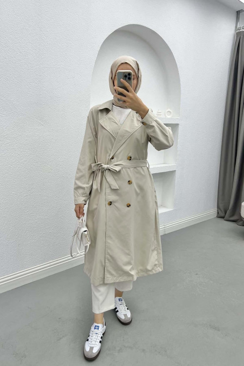 Belted Buttoned Trench Coat Stone