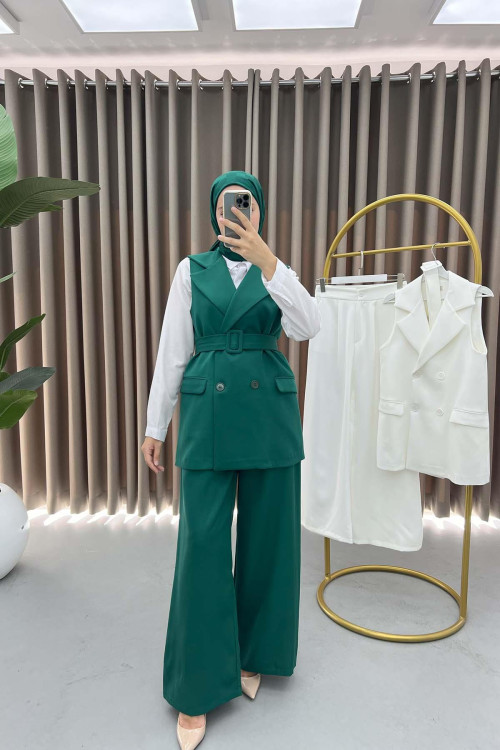 Belted Vest Set Emerald Green