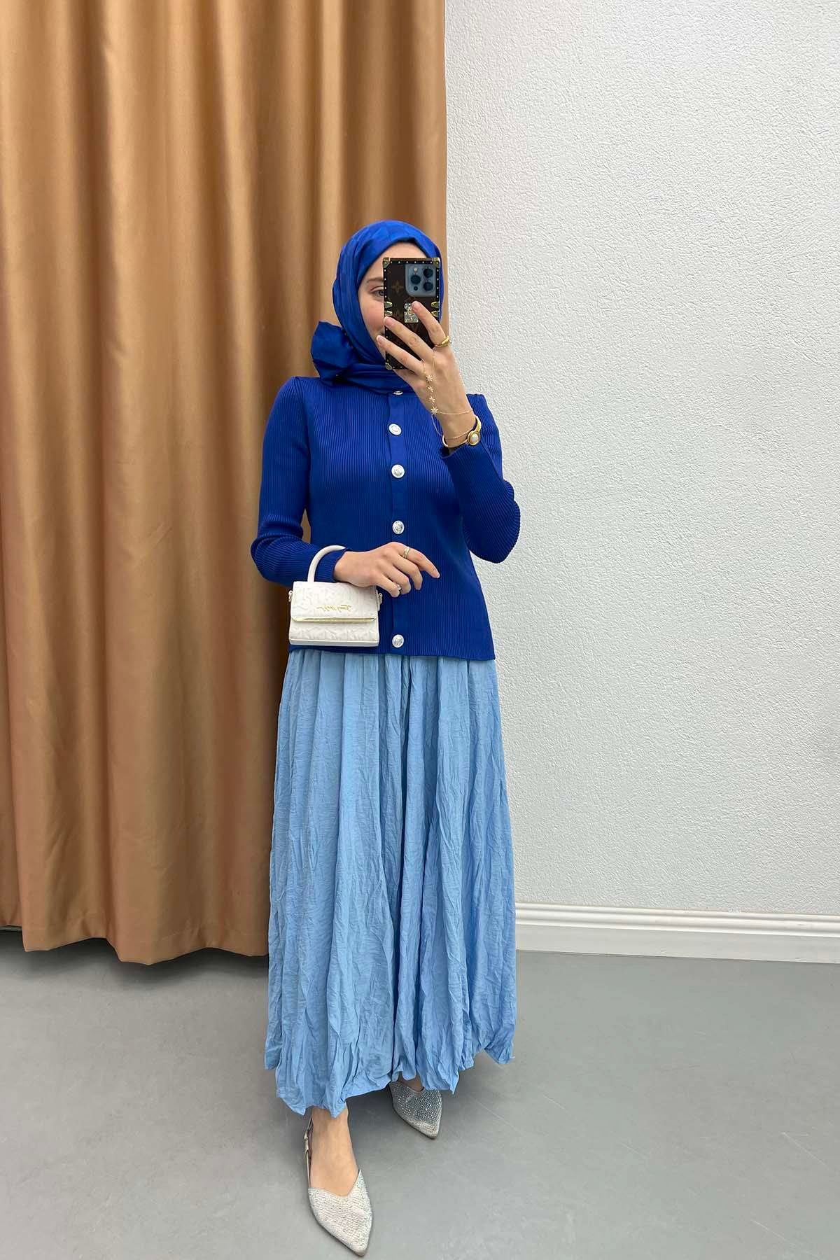 Wrinkled Pattern Elastic Waist Skirt Blue