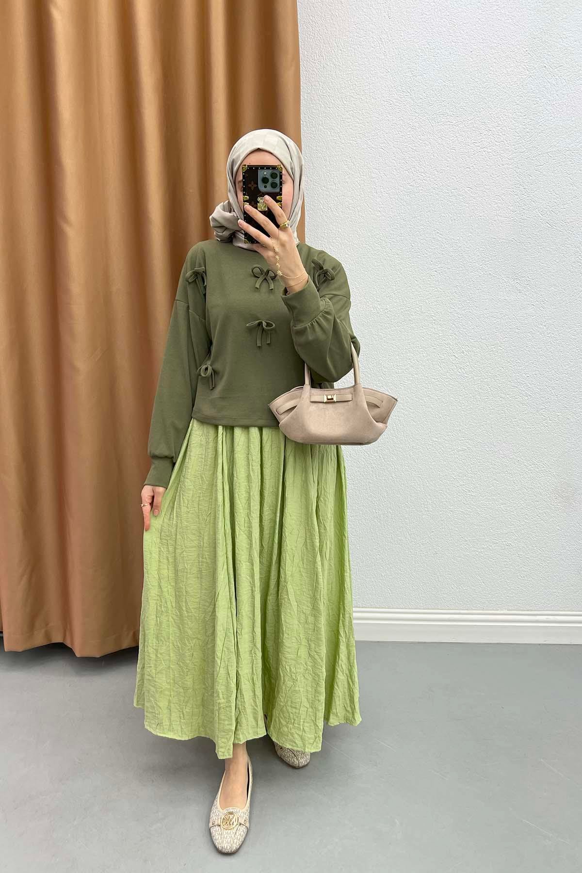 Wrinkled Pattern Elastic Waist Skirt Green