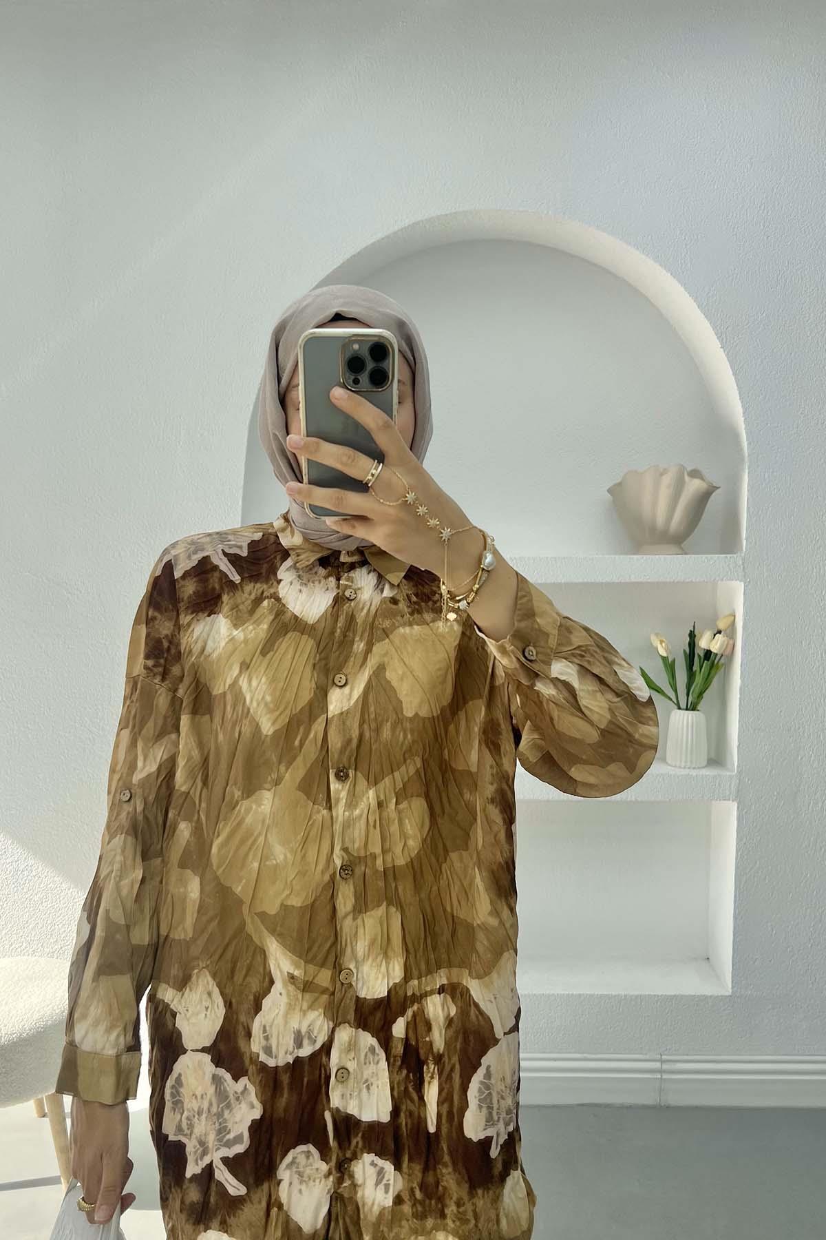 Wrinkled Patterned Shirt Camel