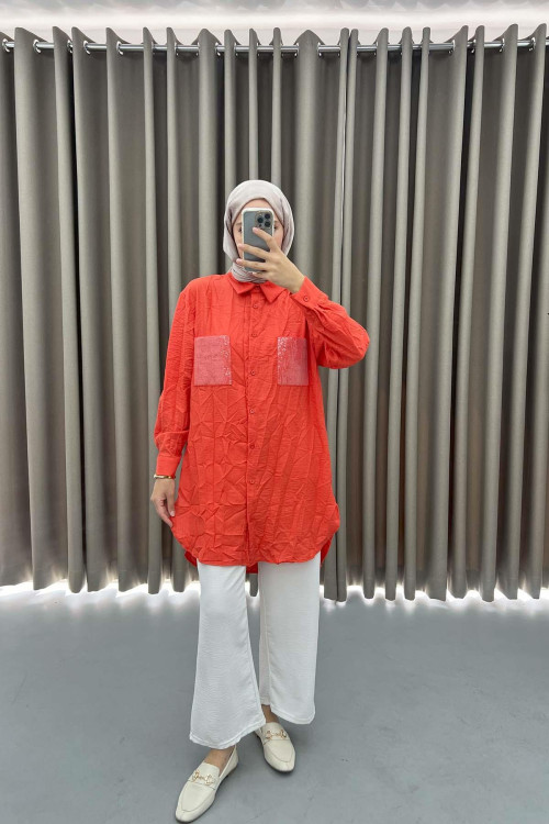 Wrinkled Fabric Pocket Detailed Long Shirt Coral