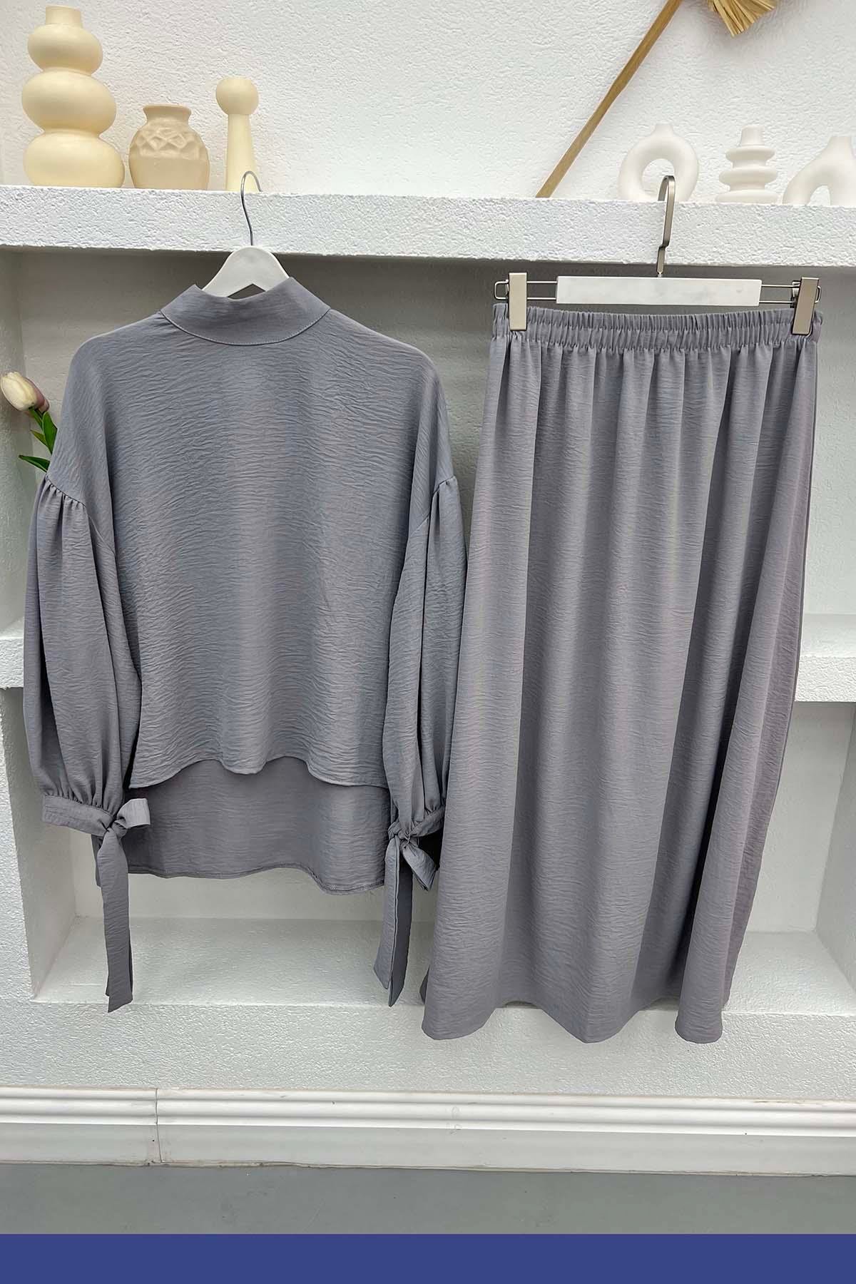 Sleeve Tied Skirt Suit Gray