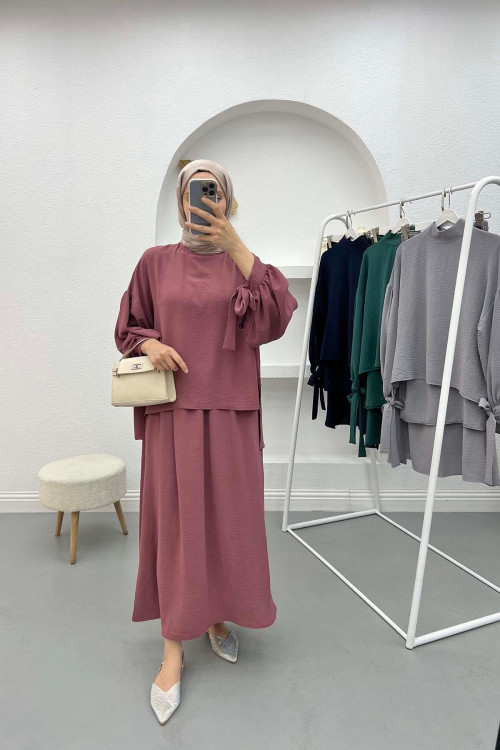 Sleeve Tied Skirt Suit Dusty Rose