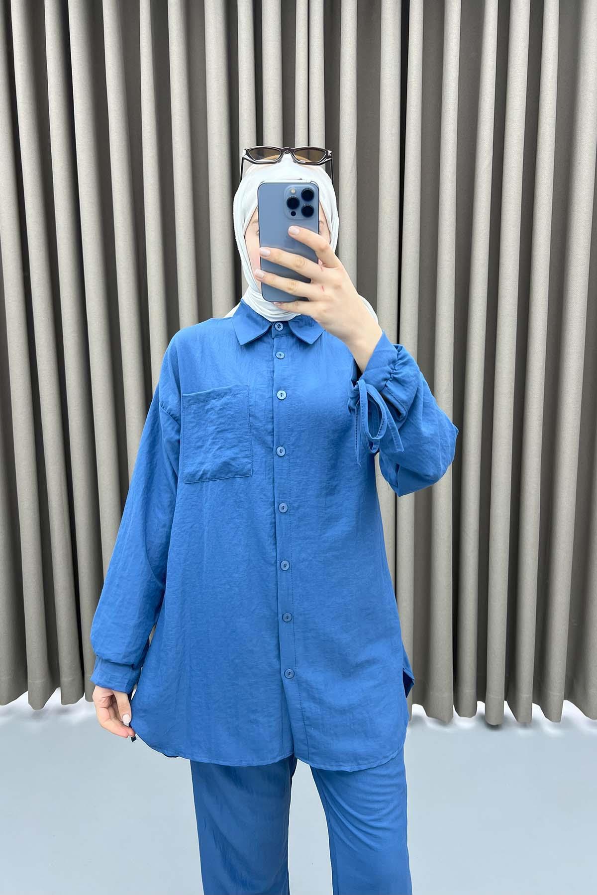 Sleeve Tied Shirt Set Blue